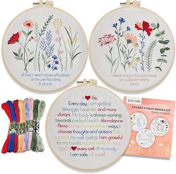 CRAFTILOO Embroidery Kits for Adults Hand Embroidery kit for Beginners with Stamped Embroidery Patterns Starter Embroidery Kit. Needlepoint kit Cross Stitch kit for Teens& Adults Flowers