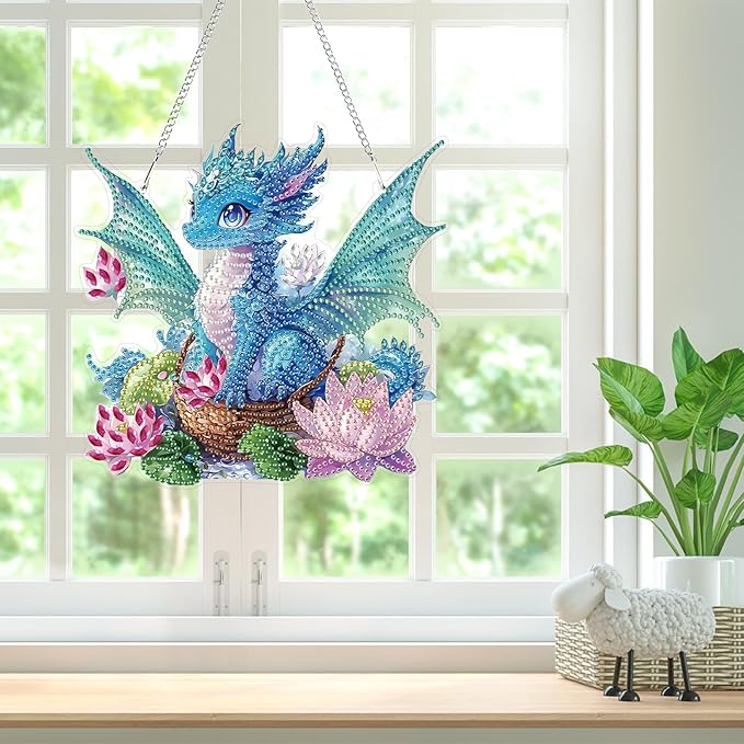 Bowetile Dragon Diamond Art Hanging Kits for Adults, 5D Special Shape Diamond Painting Flowers Pendant Kits, Gem Art Suncatchers Painting Window Ornament for Home Garden Wall Decor