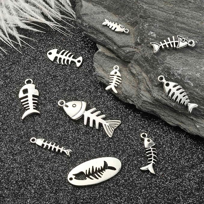 DanLingJewelry 100Pcs 10 Styles Fish Charm Bulk Fish Bone Charms Skeleton Charms for Jewelry Making Summer Ocean DIY