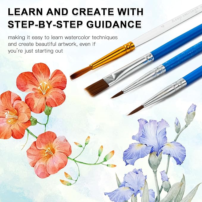 Spiral-Bound Watercolor Workbook with Guided Flower Illustrations – Beginner Painting Practice Book with Themed Sketch Pages, Includes 36 Color Watercolor Set & Brushes (Flowers)
