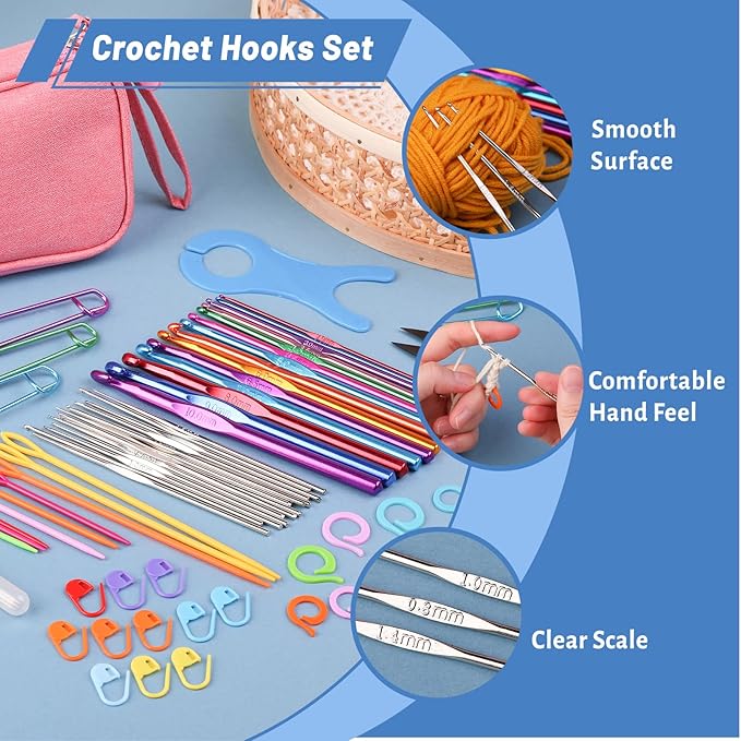 IMZAY Crochet Hooks Set for Beginners, 90Pcs Ergonomic Crochet Kit with Case, Stitch Markers & Blunt Needles, Arthritis-Friendly, Complete Knitting Accessories for Crochet Lovers