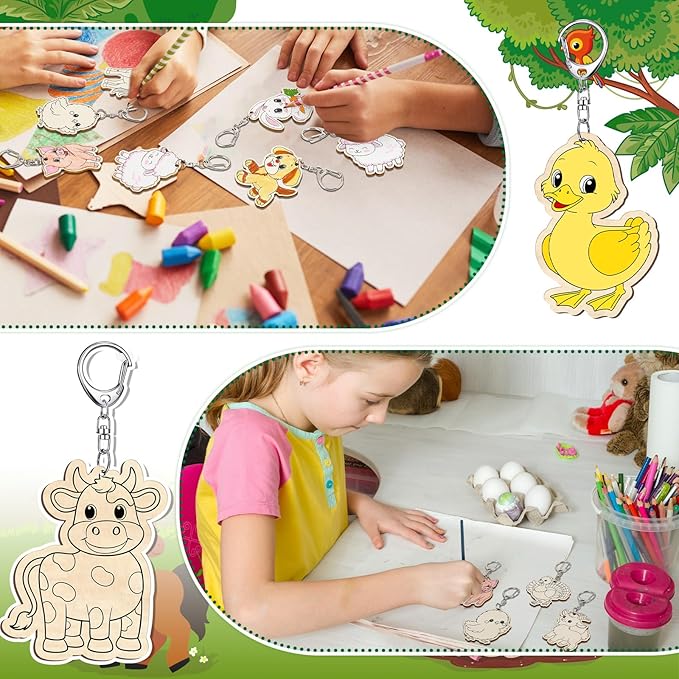 Trnayi 36 Pcs Farm Animal Unfinished Wooden Keychains Color Your Own Unfinished Cow Horse Pig Turkey Chicken Rabbit Wooden Crafts Blank Wood Painting DIY Crafts for Home Activities Arts Project Decor