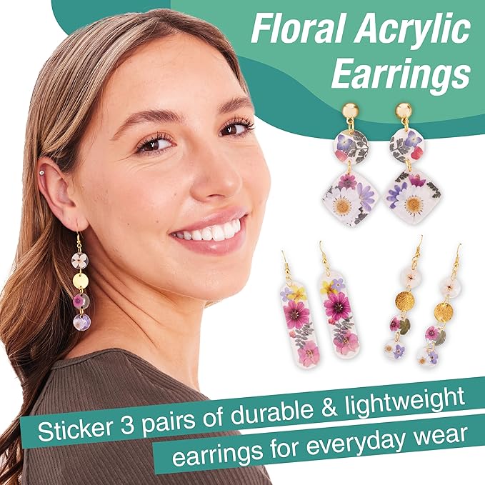 Faber-Castell Pressed Floral Acrylic Earrings - Create 3 Earrings, Jewelry Making Kit and Crafts for Adults, Pressed Floral Earring Making Kit, Easter Basket Stuffers