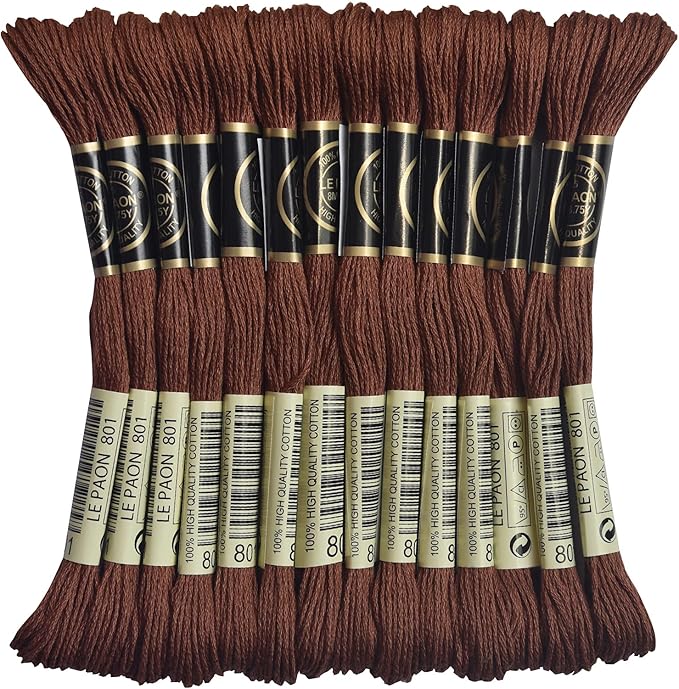 14-Pack Embroidery Floss, Six Strands Embroidery Thread ，8.7-Yard/skeins，100% Long Staple Cotton Color Number：801，Dark Coffee Brown