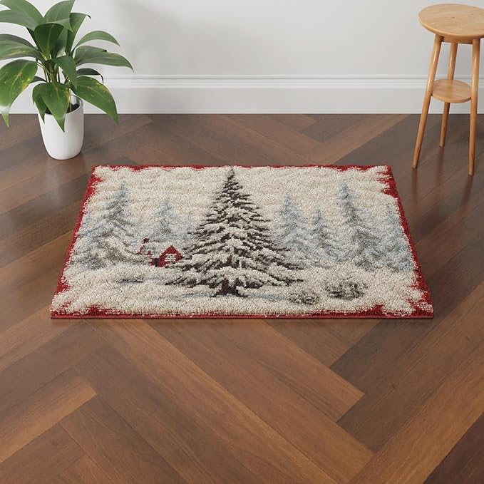 White Snow Christmas Pine Tree Latch Hook Rectangle Rug Kits for Adults Needle Crochet Yarn Kits Embroidery Carpet Hook and Latch Kit Floor Mat Tapestry Christmas Home Decoration 40x60cm(10)