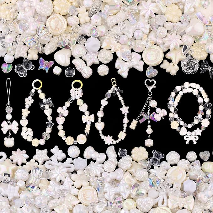 200-260PCS TINKRSTUFF Assorted Acrylic Beads White Cute Beads for Bracelet Making, Bow Flower Butterfly GummyBear Kawaii Charms, Aesthetic Bead for Necklace Keychain Jewelry Making DIY Phone Charm