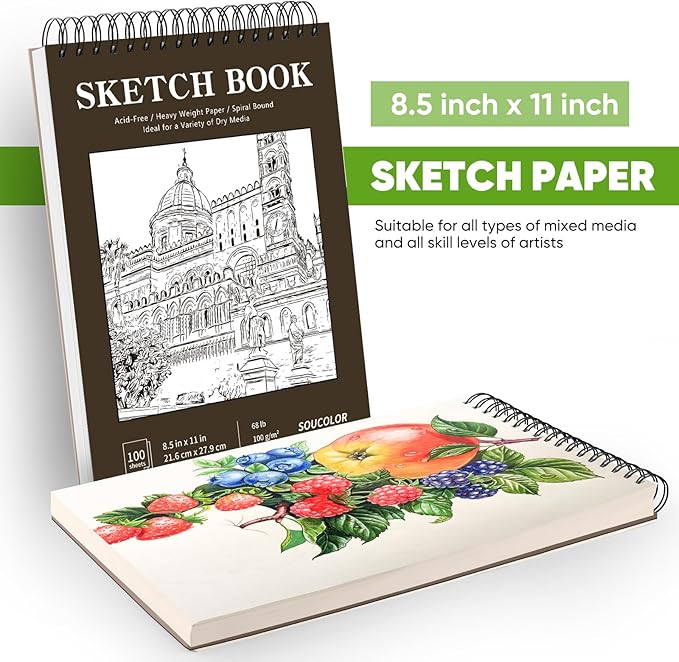 soucolor sketchbook 8.5x11 hard cover - 100 sheets spiral bound sketch pad 8.5" x 11", 68lb/100gsm thick drawing paper 8.5" x 11", acid-free art notebook for adults teacher must have