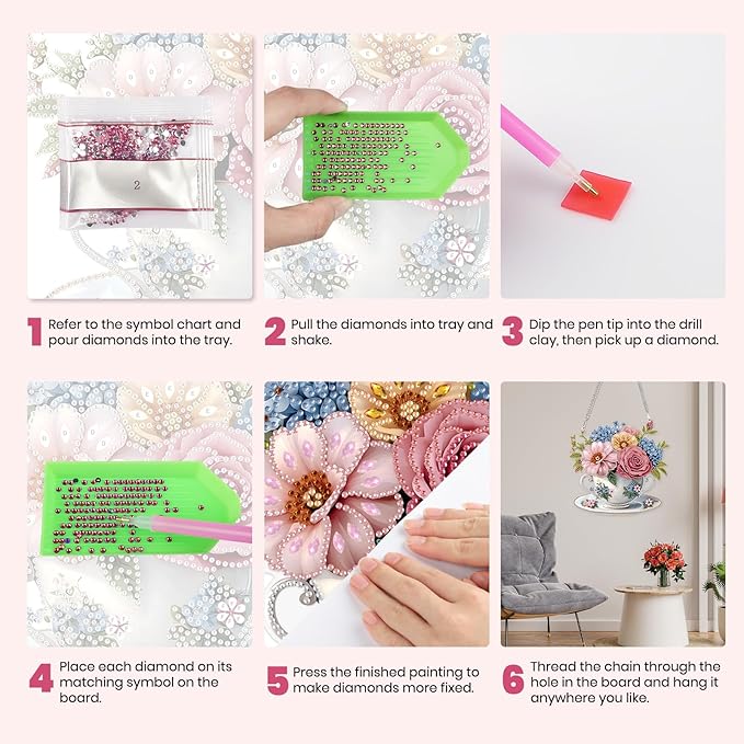 MXJSUA Teacup Floral Special Shaped Hanging Diamond Painting Art Kits for Adults, Crystal Rhinestone Acrylic Gem Art Pendant Ornaments Kit for Home Decoration and Gift