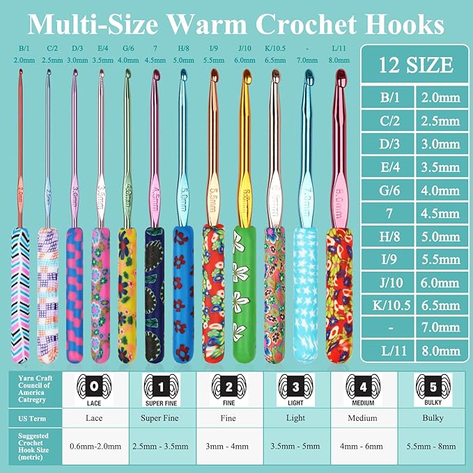 Coopay 24 Sizes Crochet Hooks with Crocheting Yarn Accessories, 2mm(B)-8mm(L) Warm Crochet Hooks Steel Crochet Hook Set, Smooth Crocheting Kit with Complete Knitting & Crochet Supplies