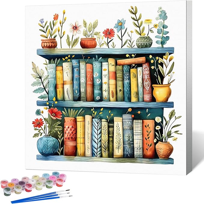 Okarina Framed Paint by Numbers Kit for Adults Beginner Bookshelf, Adult Paint by Number Kits on Canvas Framed, DIY Acrylic Oil Painting by Numbers with Frame, Book for Home Decor Gift 10 X 10 Inch