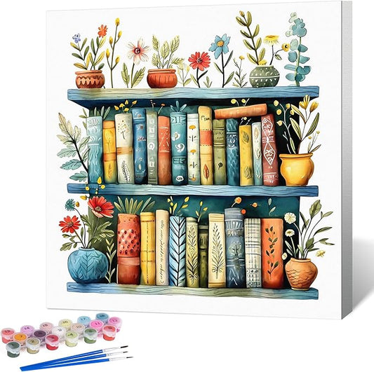 Okarina Framed Paint by Numbers Kit for Adults Beginner Bookshelf, Adult Paint by Number Kits on Canvas Framed, DIY Acrylic Oil Painting by Numbers with Frame, Book for Home Decor Gift 10 X 10 Inch