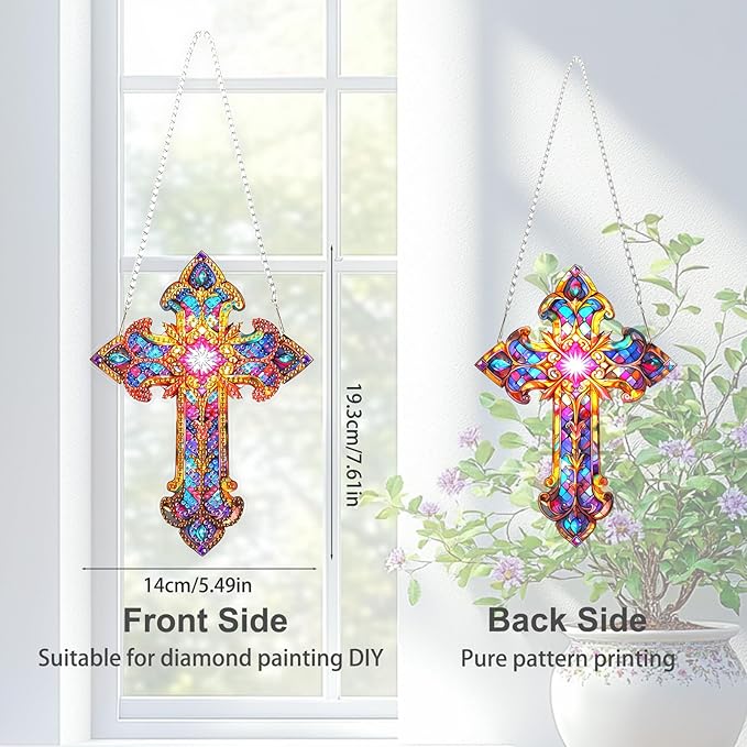 TOSTOG Cross Diamond Art Hanging Kits for Adults, Cross Diamond Painting for Adults Window Pendant, Special Shape Diamonds Diamond Painting Hanging Pendant Kit for Wall Home Decor Gift