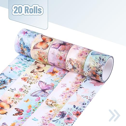 Mr. Pen- Washi Tape Set, 20 Rolls, Assorted Sizes, Watercolor Butterfly Design, Washi Tape for Journaling
