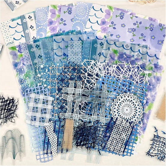 Diuhofart Floral Lace Textured Papers for Crafts, Blue Theme Scrapbook Paper Stickers, 47 Sheets Collage Materials Mesh for Junk Journaling Supplies Scrapbooking