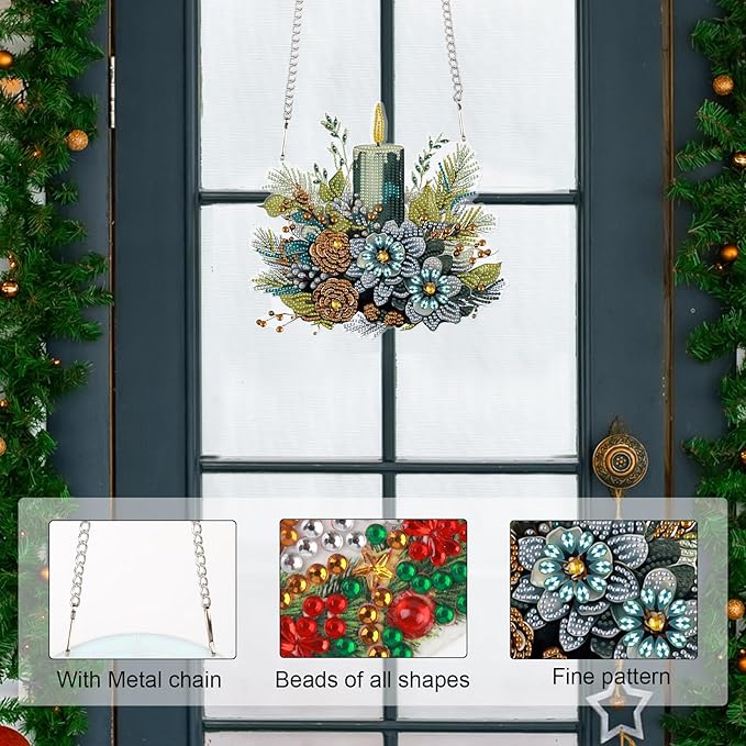 Christmas Diamond Painting Hanging Ornament Kit, 5D DIY Crystal Diamond Art Pendant with Candle and Floral Decoration, Holiday Wall, Window & Door Hanging Decor for Adults, Home Gift, 24.1 x 21.9 cm