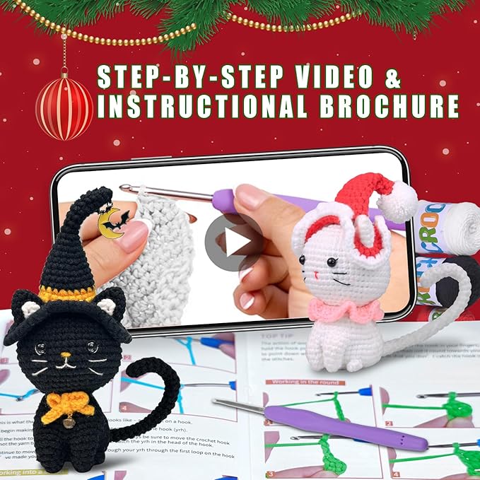 Valentine's Day Crochet Kit for Beginners, 2PCS Cat Crochet Kits with Step-by-Step Video Tutorials,Crochet Starter Kit,DIY Crochet Animal Kits for Adults, Complete Kit Included