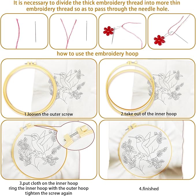 BEUNITONE Hummingbird Embroidery Kit for Adults, 6PC Floral Bird Cross Stitch Set with Colorful Threads, Nature Inspired DIY Artwork, Home Decor Gift for Her