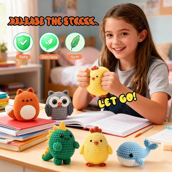 Joyclub 6 Pcs Crochet Kit for Beginners Crochet Starter Kits for Adults and Kids Great Birthday Gifts for Crocheting Lovers with Step by Step Video Amigurumi Animal Family Knitting Kit DIY Craft