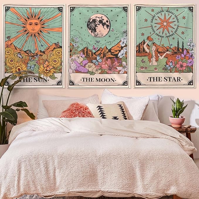aipon tarot tapestry cute tarot card tapestries 3 pack sun moon star green floral flower small aesthetic tapestry wall hanging for bedroom living room dorm (20'' × 27'')