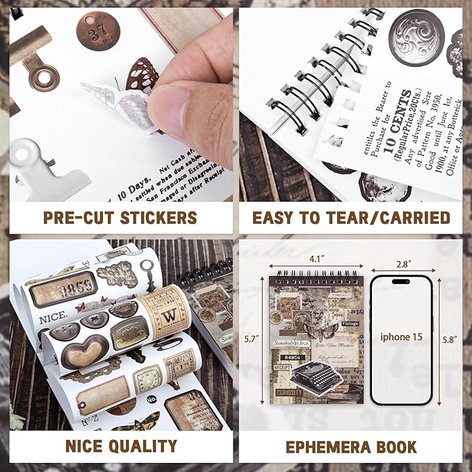 Pre-Cut Vintage Sticker for Journaling, 595PCS - 50 Sheets Washi Brown Scrapbooking Stickers, Ephemera for Junk Journal Supplies DIY Crafts Dark Academia Stickers for Adults