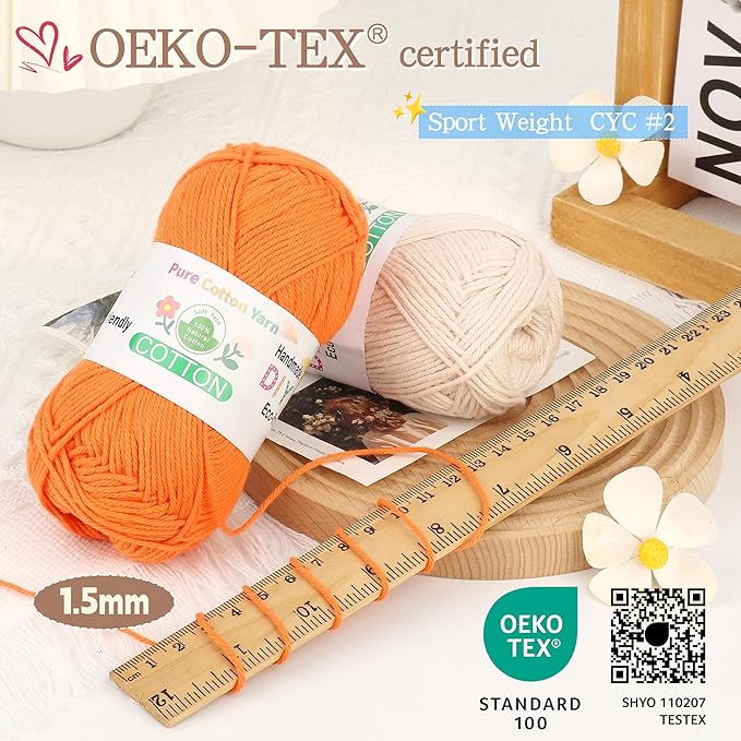 Katech Pure Cotton Yarn for Crocheting & Knitting–Soft Sport Weight CYC #2, 6 Skeins (50g Each, 300g Total), Ideal Crochet Yarn for Dishcloths, Baby Clothes, Socks, Lightweight Scarves（Orange）
