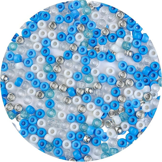 1000PCS 6x9mm Blue and White Pony Beads, Kandi Beads for Bracelets Making Kit, Hair Braids Crafts Jewelry Making Crafts Friendship Necklace Earrings DIY (Blue Silver Mixed Color)