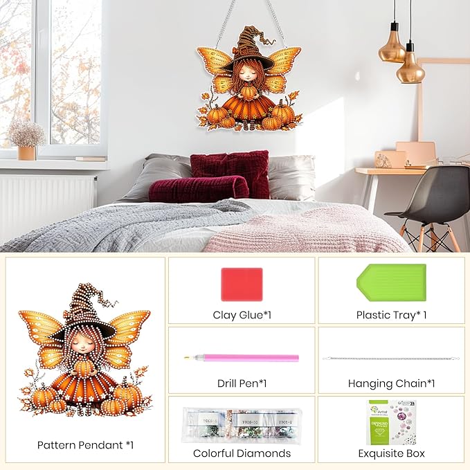 Genius maker Halloween Diamond Art Hanging Kits for Adults, Fall Pumpkins Fairy Special Shaped Diamond Painting Kit, Acrylic 5D Crystal Diamonds Gem Art Painting Hanging Ornament for Home Wall Decor