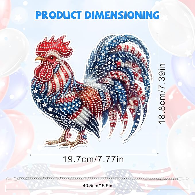 Bowetile Independence Day 5D Diamond Art Hanging Kits for Adults, 4th of July Chicken Diamond Painting Window Pendant Kits, Special Shape Gem Art Suncatchers Ornament for Home Garden Wall Decor