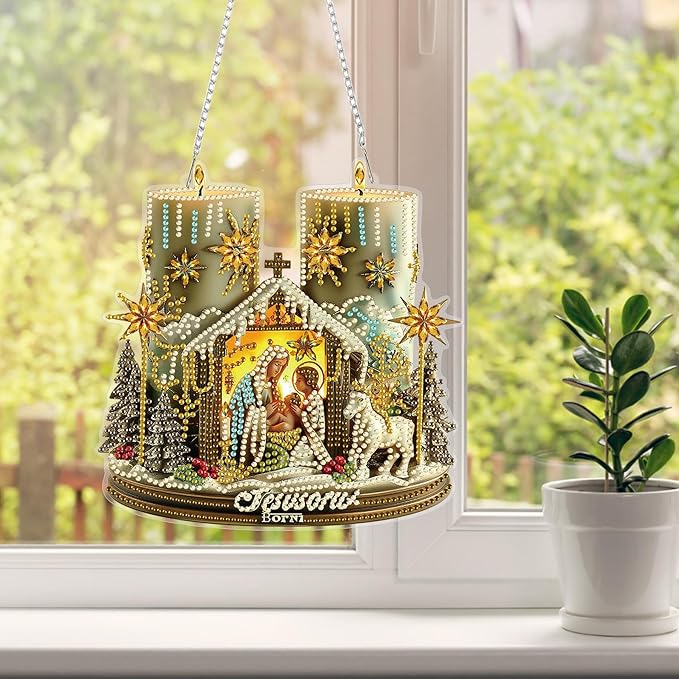 HEIBAGO Nativity Scene Diamond Art Hanging Kits for Adults Kids, 5D Special Shaped Crystal Diamond Painting Kit, DIY Pattern Window Pendant Gem Art Kit for Home Wall Decor 8.3 x 8.3 Inch