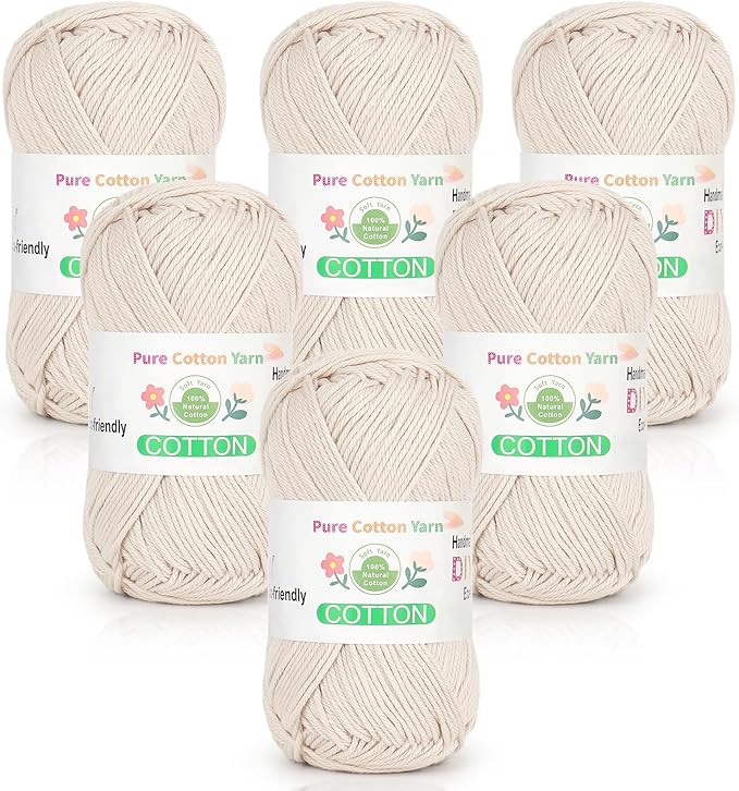 Katech Pure Cotton Yarn for Crocheting & Knitting–Soft Sport Weight CYC #2, 6 Skeins (50g Each, 300g Total), Ideal Crochet Yarn for Dishcloths, Baby Clothes, Socks, Lightweight Scarves（Buttercream）