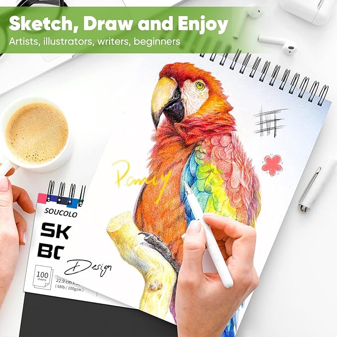soucolor artist 9x12 sketch book set, 4 pack 100-sheet spiral drawing pads (68lb/100gsm) | acid-free drawing paper for adults art supplies, charcoal, graphite, pastel pencils & sticks
