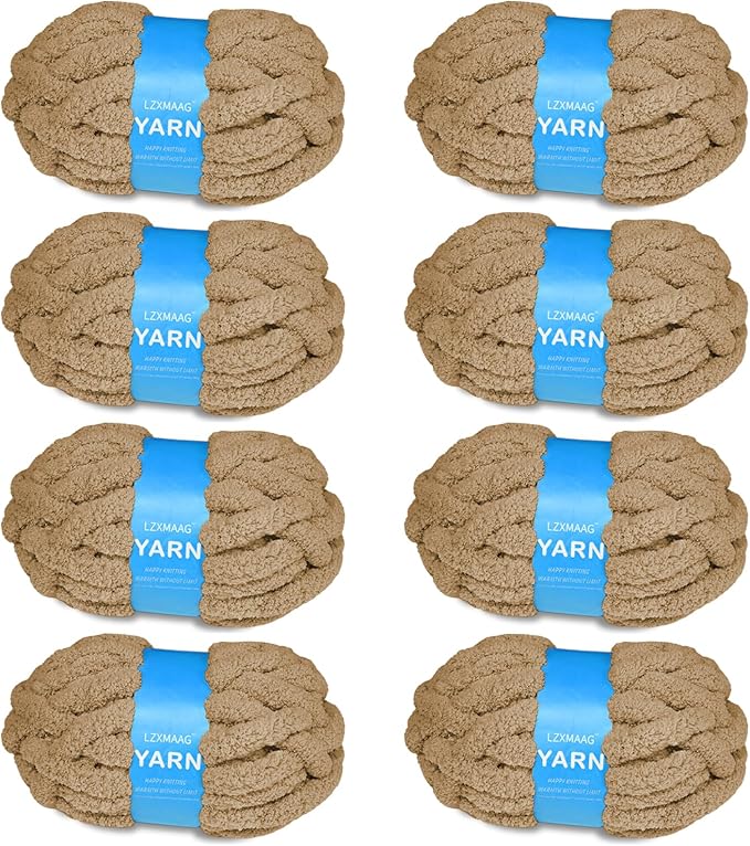 Chunky Yarn for Hand Knitting and Blankets – Super Soft Jumbo Chenille Yarn Pack for Crocheting, Bulky DIY Projects, 8 Skeins(Coffee)