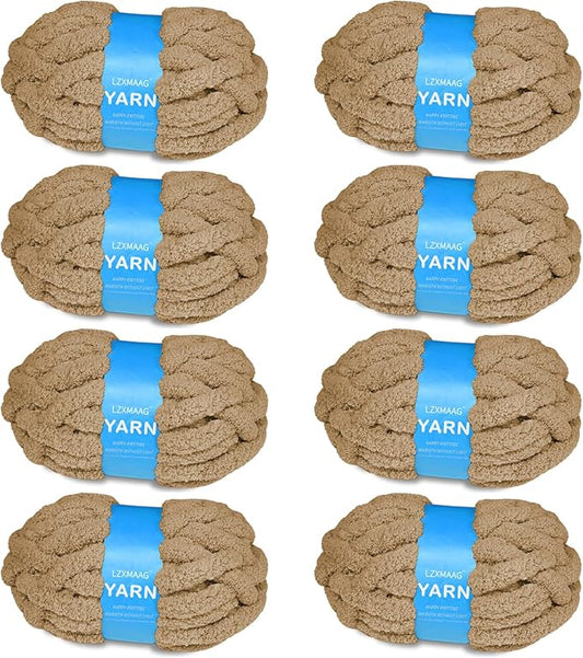 Chunky Yarn for Hand Knitting and Blankets – Super Soft Jumbo Chenille Yarn Pack for Crocheting, Bulky DIY Projects, 8 Skeins(Coffee)