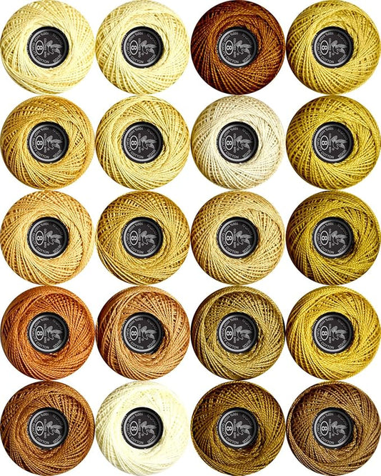 Soft 20 Colors Classic Crochet Thread Double Mercerized Egyptian Long Staple Cotton Pearl Thread Ball 20 Pack,100% Cotton (Beige Brown-834-869)