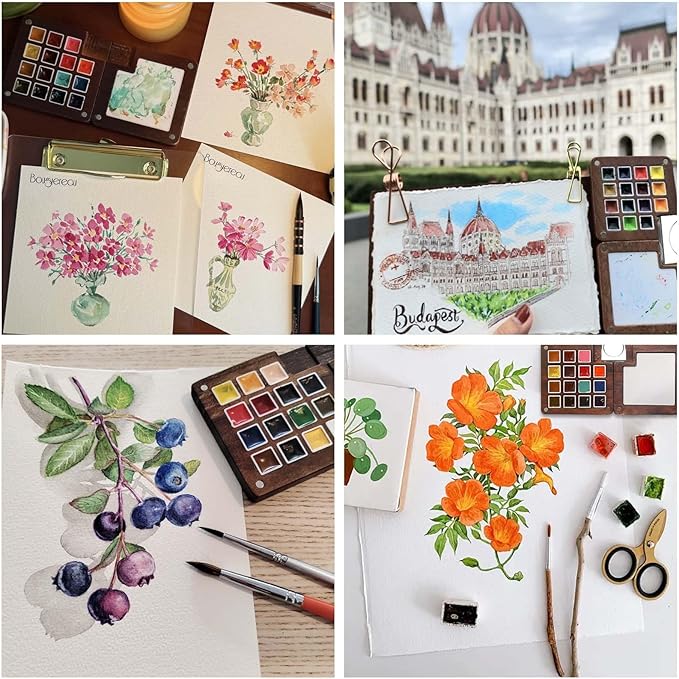 Mini Paint Palette Travel Kit - Mini Travel Watercolor Palette Set, Pocket Artist Water Color Travel Set with Colours, Watercolor Book, Binder Clips, Pens,Wooden Paint Box for Painters Artists Student
