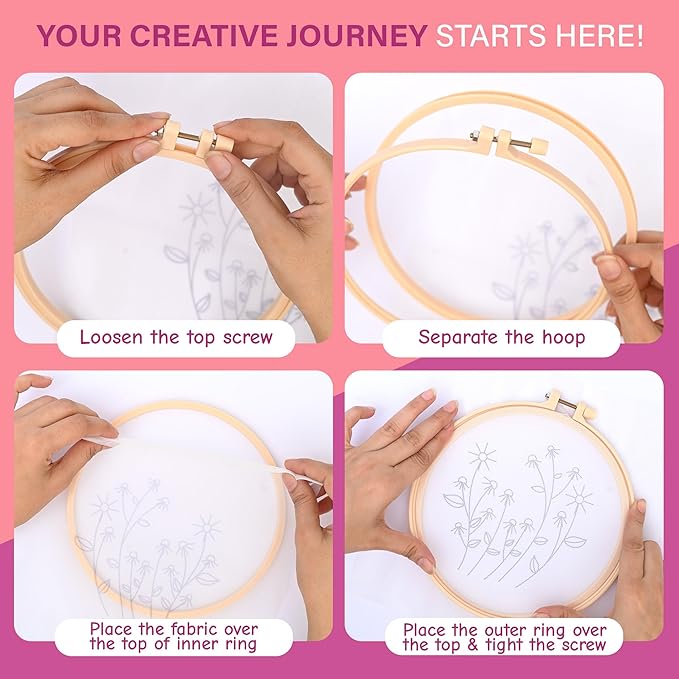 Clear Background Embroidery Kit for Beginners – DIY Hand Embroidery Kit with 3 Hoops, Stamped Patterns, Needles, Thread, Scissors – Minimalist Embroidery Set for Adults, Teens, Women, Craft Lovers