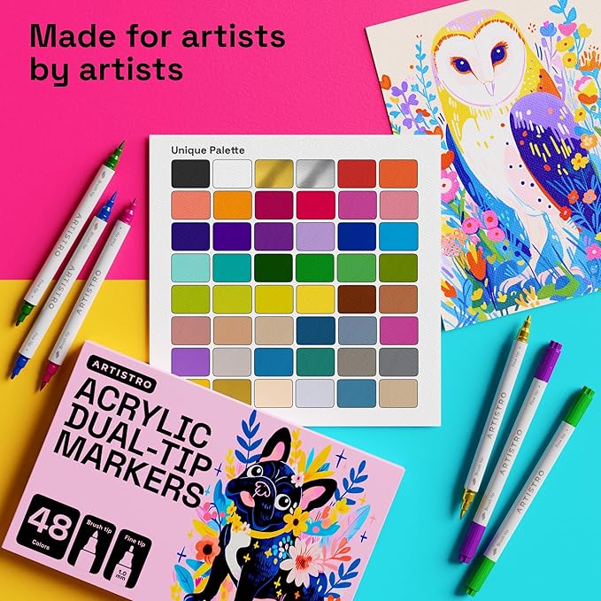 ARTISTRO 48 Acrylic Paint Markers - Paint Pens for Drawing, Brush + Fine Tips - For Fabric, Rock, Glass, Wood, DIY, Eggs - Art & Craft Supplies for Adults, Teens, Kids - Easter Basket Stuffers