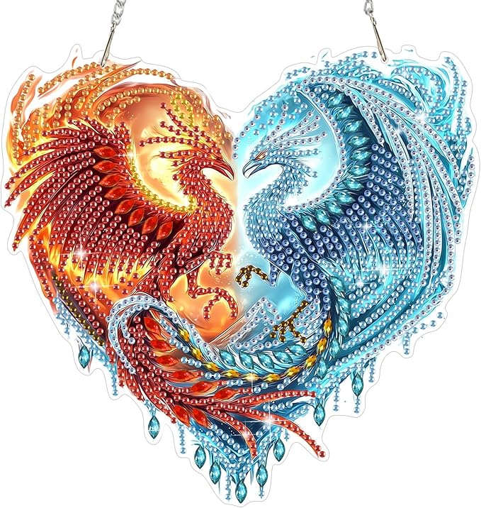 MEIYUDA Phoenix Diamond Art Hanging Kits for Adult, Ice Fire Phoenix Diamond Painting Hanging Kits Ornaments, DIY Special Shaped Rhinestone Window Pendants Kit for Home Garden Wall Decor Gift