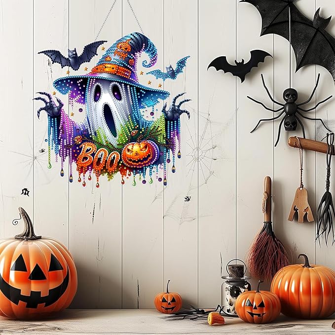 Diamond Art Hanging Kits for Adult, Ghost Crafts Decor 5D DIY Acrylic Diamond Art Painting Ornaments, Window Pendants Wall Hanging Kits for Home Garden