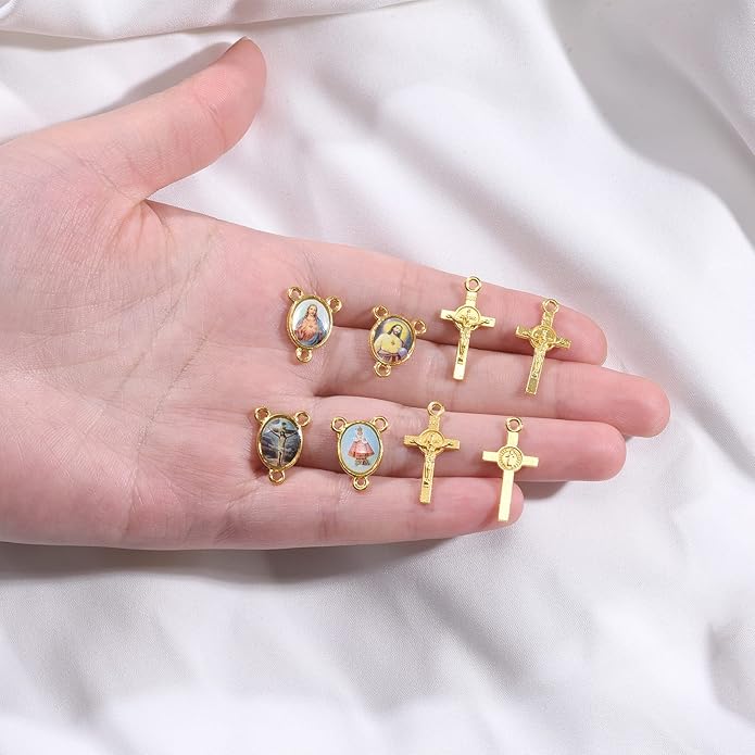 60Pcs/30Sets Rosary Making Kits Supplies Alloy Religion Cross and Center Medal Charms Pendant Oval Chandelier Links for Diy Prayer Necklace Jewelry