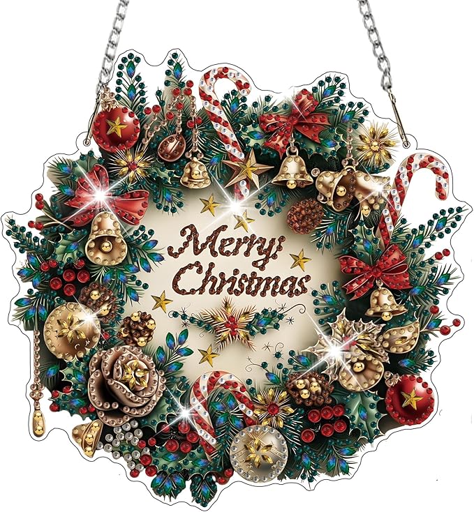 HEIBAGO Wreath Diamond Art Hanging Kits for Adults Kids, 5D Special Shaped Crystal Diamond Painting Kit, DIY Pattern Window Pendant Gem Art Kit for Home Wall Decor 8.3 x 8.3 Inch