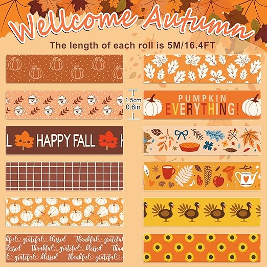 Whaline 12 Rolls Fall Thanksgiving Washi Tapes Assorted Autumn Pattern Decorative Tapes Pumpkin Turkey Dots Masking Tapes for Fall Thanksgiving Scrapbook Journal DIY Craft Gift Wrapping, 0.6Inch