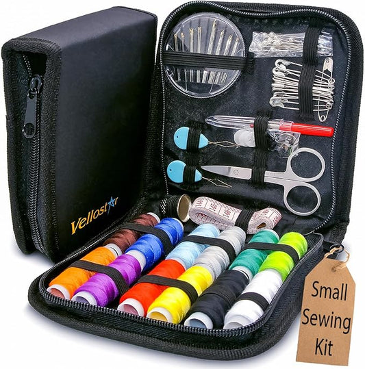 Vellostar Small Sewing Kit for Beginners – Portable Needle & Thread Travel Kit w/ 12 Thread Colors, Needles, Scissors & Measuring Tape for Emergency Clothing Repairs, Buttons, Hemming & Quick Mending