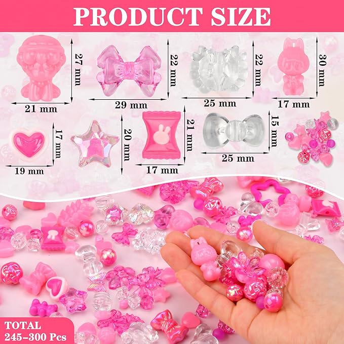 ABONDEVER 245-300Pcs Assorted Acrylic Beads for Bracelets Making Cute Star Bow Flower Candy Heart Gummy Bear Butterfly Beads for DIY Jewelry Crafts Keychain Necklace Phone Charms(Rose Pink)