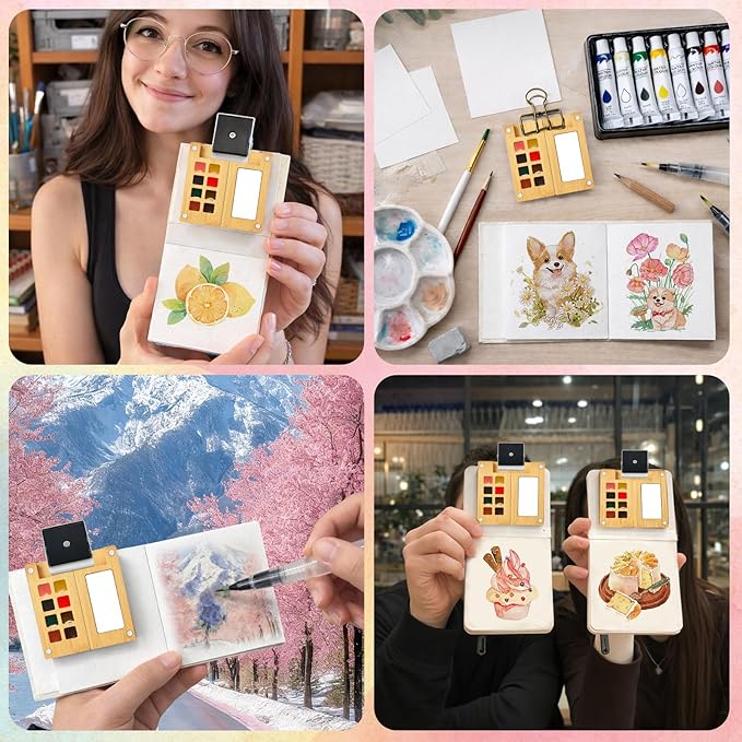 Mini Watercolor Paint Set - Mini Travel Watercolor Palette Set, Pocket Water Color Paint Palette Kit with 12 Colours, Sketchbook, Pens, Wooden Paints Box for Painters Artists