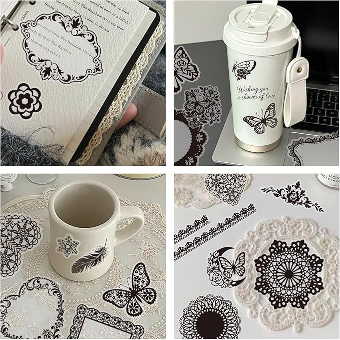 130 Pcs Vintage Black White Lace Scrapbook Stickers - Classic Butterfly Feather Heart Embellishments for DIY Journal Wedding Photo Album Craft Decor, Fade-Resistant Waterproof Reusable