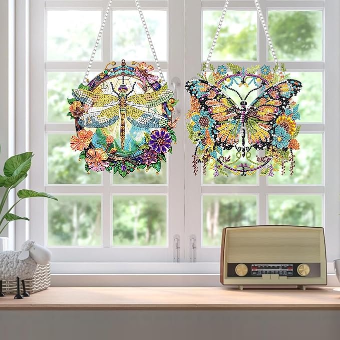 2 PCS Hanging Diamond Art Pendant Painting Kit Butterfly And Dragonfly, Special Crystal Gem Craft Painting Set ,Hanging Diamond Painting Art Wind Hanging for Home Window Door Decor(7.87X7.87 in)