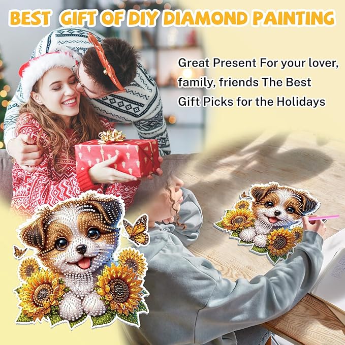 Bowetile Dog Diamond Art Hanging Kits for Adults, 5D Special Shape Diamond Painting Sunflowers Pendant Kits, Animal Gem Art Suncatchers Painting Window Ornament for Home Garden Wall Decor