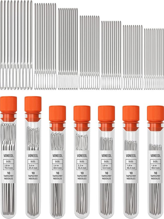 VONEEDL Large Eye Blunt Tapestry Needles (Pack of 70) - 7 Sizes with 7 Storage Tubes - Stainless Steel - Perfect for Darning, Embroidery, Cross-Stitching, Crafting, Knitting, Weaving, and DIY