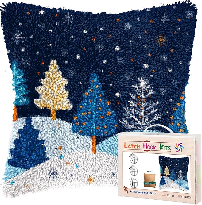 DIY Latch Hook Pillow Kits for Adults Merry Christmas Winter Snow Pine Tree Pillow Cover Printed Pillowcase Crochet Yarns Hooking Handmade Cushion for Home Sofa Decoration 17x17inch(5)